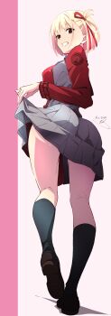 Rule 34 | 1girl, absurdres, ass, ass focus, black socks, blonde hair, breasts, brown shoes, clothes lift, commentary request, dress, dress lift, from behind, full body, good ass day, grey dress, grin, hair ribbon, highres, loafers, looking at viewer, lycoris recoil, lycoris uniform, medium breasts, nii manabu, nishikigi chisato, one side up, red dress, red eyes, red ribbon, ribbon, shoes, short hair, smile, socks, solo, teeth, thick thighs, thighs, two-tone background, two-tone dress
