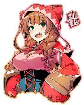 1girl animal_ear_hood animal_hood black_corset blush braid breasts brown_hair cat_hood corset cosmic_break cosplay fake_animal_ears fang fang_out green_eyes hood large_breasts little_red_riding_hood_(fairy_tale) little_red_riding_hood_(fairy_tale_character) little_red_riding_hood_(fairy_tale_character)_(cosplay) long_hair maisie_carmine open_mouth tsukinami_kousuke twin_braids