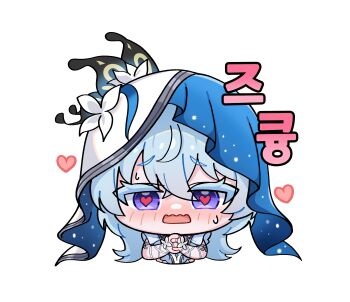 1girl absurdres armlet blue_hair blue_veil colored_eyelashes commentary hair_between_eyes heart heart-shaped_pupils highres jewelry long_hair looking_at_viewer own_hands_clasped own_hands_together purple_eyes shorekeeper_(wuthering_waves) simple_background solo symbol-shaped_pupils two-tone_veil upper_body veil white_background white_veil wuthering_waves yami_(yami56_u)