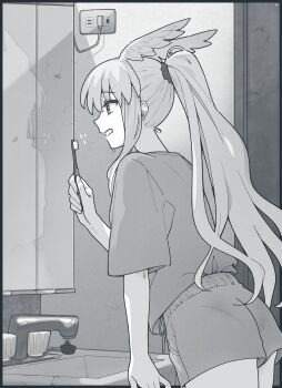 1girl bathroom fate/grand_order fate_(series) greyscale head_wings highres holding holding_toothbrush long_hair looking_at_mirror mirror mitsurugi_sugar monochrome morning ponytail shorts sink thrud_(fate) toothbrush valkyrie_(fate) wings
