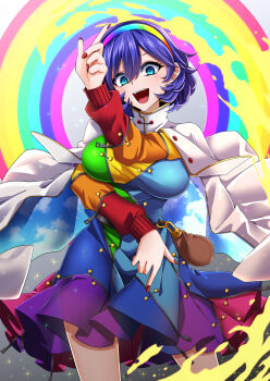 1girl :d aura blue_eyes blush breasts cape commentary_request cowboy_shot duplicate fingernails hair_between_eyes hairband highres large_breasts long_sleeves looking_at_viewer multicolored_clothes multicolored_hairband nail_polish open_mouth patchwork_clothes pixel-perfect_duplicate pointing pointing_down pointing_up pouch purple_hair rainbow_order red_button red_nails rihito_(usazukin) short_hair sky_print smile solo sparkle standing teeth tenkyuu_chimata tongue touhou unconnected_marketeers upper_teeth_only white_cape zipper_pull_tab