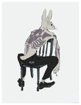 1boy black_eyes body_fur chair full-body_tattoo full_body furry furry_male grey_background grey_fur male_focus nagabe original rabbit_boy simple_background sitting skull_tattoo solo tail tattoo topless_male whiskers