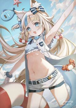 Rule 34 | 1girl, ahoge, animal, animal ear fluff, animal ears, arched bangs, arm up, armpits, asa going, blonde hair, blue bow, blue eyes, blue scrunchie, blue sky, blue streaks, bow, breasts, cat ears, cloud, commentary, cowboy shot, crab, dress, fins, fish girl, fish tail, hair bow, highres, indie virtual youtuber, lifebuoy, lifebuoy hair ornament, long hair, looking at viewer, low twintails, multicolored hair, navel, one side up, open clothes, open dress, open mouth, outdoors, sameko saba, sameko saba (fish), scrunchie, short shorts, shorts, sky, small breasts, smile, solo, starfish, stomach, streaked hair, striped bow, swim ring, tail, twintails, virtual youtuber, white dress, white shorts, wrist scrunchie
