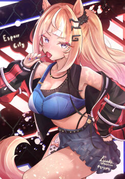 1girl animal_ears bare_shoulders black_jacket blue_eyes blue_sports_bra blush breasts brown_hair candy cleavage collarbone ear_ornament espoir_city_(red_devil_gear)_(umamusume) espoir_city_(umamusume) food hair_ornament highres holding holding_candy holding_food holding_lollipop horse_ears horse_girl horse_tail jacket jewelry large_breasts lollipop lollipop_in_mouth long_hair looking_at_viewer midriff multicolored_hair necklace open_clothes open_jacket orange_hair panty_straps ponytail quyyaq red_jacket skirt solo sports_bra tail umamusume white_hair