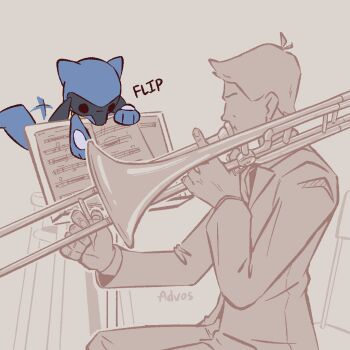 Rule 34 | 1boy, advos, closed mouth, faceless, faceless male, gen 4 pokemon, holding, holding instrument, holding trombone, instrument, long sleeves, male focus, music, music stand, nintendo, playing instrument, pokemon, pokemon (creature), riolu, sheet music, sitting, solo, trombone