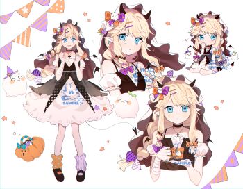 1girl ame_ame bandages blonde_hair blue_eyes braid braided_ponytail brown_shoes chibi closed_mouth crying demon_tail detached_sleeves full_body hair_ornament hairclip highres loose_socks open_mouth original pointy_ears shoes socks tail tears watermark