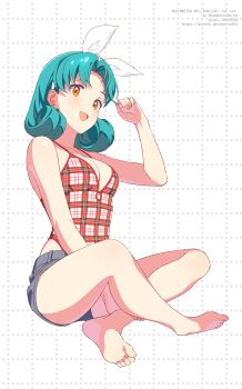 :d barefoot breasts checkered_background copyright_name denim denim_shorts feet green_hair grey_shorts hair_ribbon hand_up highres idolmaster idolmaster_million_live! indian_style looking_at_viewer omitsu open_mouth orange_eyes pixiv_id plaid_clothes ribbon shorts sitting smile soles spaghetti_strap toes tokugawa_matsuri twitter_username white_background white_ribbon