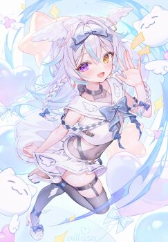 1girl absurdres alllisso angel_wings bow braid dress floating frills hair_bow heart heterochromia high_heels highres long_hair purple_eyes smile strap thighhighs white_hair wings yellow_eyes