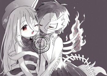 Rule 34 | 2girls, asymmetrical wings, biyon, breasts, closed eyes, closed mouth, commentary request, dress, eye mask, eye print, fiery wings, hair between eyes, half mask, iwanaga ariya, long hair, long hair between eyes, long sleeves, mask, mask over one eye, monochrome, multiple girls, one eye closed, open mouth, red eyes, ribbon around body, skeletal clothes, skeletal wings, sleeveless, sleeveless dress, small breasts, smile, spot color, touhou, turtleneck, turtleneck dress, very long hair, watermark, wings, yuiman asama, yuri