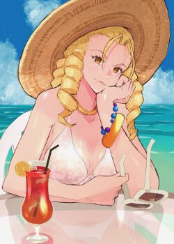 Rule 34 | 1girl, bare shoulders, bikini, blonde hair, blue sky, bracelet, breasts, closed mouth, cloud, drill hair, hashtag-only commentary, hat, head rest, highres, holding, holding removed eyewear, jewelry, juice, kanzuki karin, large breasts, looking at viewer, ocean, sky, smile, solo, street fighter, swimsuit, unworn eyewear, white bikini, yellow eyes, yuenibushi