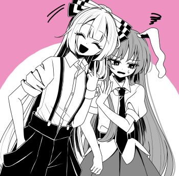 2girls animal_ears bow closed_eyes collared_shirt commentary_request facing_viewer false_smile fujiwara_no_mokou greyscale_with_colored_background hair_bow hand_in_pocket highres long_hair middle_finger multiple_girls necktie open_mouth pants pink_background rabbit_ears rabbit_girl reisen_udongein_inaba shirt short_sleeves skirt smile squiggle suspenders sweatdrop tamiko_(tamik0224) torn_clothes torn_sleeves touhou very_long_hair wrist_cuffs