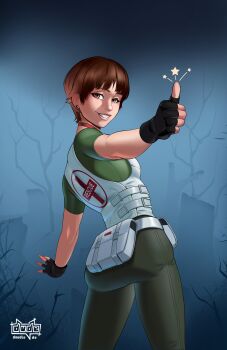 1girl absurdres ass black_gloves brown_eyes brown_hair bulletproof_vest cropped_legs dude-doodle fingerless_gloves gloves green_pants green_shirt grin highres pants rebecca_chambers resident_evil resident_evil_0 shirt short_hair simple_background smile solo standing thumbs_up