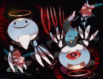 1girl akadako bandaid black_background commentary_request dress halo kirby kirby_(series) kirby_64 narrowed_eyes nintendo one-eyed pink_hair plant red_dress red_eyes red_halo ribbon_(kirby) traditional_halo twitter_username vines zero_two_(kirby)