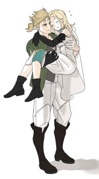 1boy 1girl ^_^ alfyn_greengrass black_boots black_gloves black_shirt blonde_hair boots carrying cloak closed_eyes closed_mouth commentary_request dress elbow_gloves full_body gloves green_jacket highres jacket keta040429 medium_hair octopath_traveler octopath_traveler_i open_mouth ophilia_clement pants ponytail princess_carry shirt short_hair short_ponytail simple_background single_glove sleeveless sleeveless_dress smile standing v-shaped_eyebrows white_background white_cloak white_dress white_pants