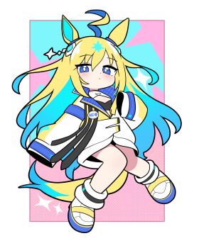 1girl absurdres ahoge animal_ears blonde_hair blue_eyes blue_hair blush boots bright_pupils chibi chibi_only closed_mouth full_body hair_between_eyes highres horse_ears horse_girl horse_tail jorang_(jorang08) long_sleeves looking_at_viewer multicolored_hair neo_universe_(umamusume) neo_universe_(universe-naut)_(umamusume) sleeves_past_fingers sleeves_past_wrists solo tail two-tone_hair umamusume white_boots white_pupils