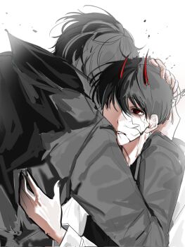 2boys black_coat black_eyes black_hair coat colored_extremities colored_veins demon_horns disintegration hand_on_another&#039;s_head hashtag-only_commentary highres horns hug jpqaa5 kim_dokja male_focus multiple_boys omniscient_reader&#039;s_viewpoint parted_lips popped_collar red_pupils short_hair upper_body white_coat yaoi yoo_joonghyuk