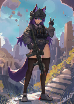 1girl amora_(starnight17) animal_ear_fluff animal_ears aqua_eyes arm_pouch assault_rifle belt black_gloves black_leotard black_thighhighs combat_helmet commentary commission ears_through_headwear english_commentary facial_mark full_body gloves grey_jacket gun h&amp;k_hk416 hand_up headset helmet highres holding holding_gun holding_weapon jacket laser_sight leotard load_bearing_vest long_hair long_sleeves magazine_(weapon) military_operator optical_sight original outdoors peq purple_hair purple_tail ribbed_leotard rifle shoes smile solo standing syaha tactical_clothes tail thighhighs trigger_discipline utility_belt v vertical_foregrip weapon whisker_markings white_shoes wolf_ears wolf_girl wolf_tail