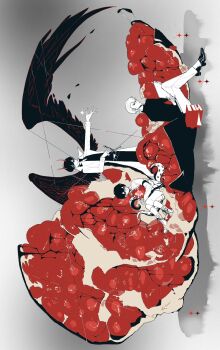 3boys bandaid bandaid_on_face black_eyes black_hair black_shirt black_wings coat crossed_legs demon_horns dual_persona feathered_wings food fruit full_body highres holding holding_sword holding_weapon horns hugging_object kim_dokja lee_hakhyun looking_at_viewer male_focus multiple_boys oldest_dream omniscient_reader&#039;s_viewpoint open_clothes open_coat outstretched_arm outstretched_arms oversized_food oversized_object pomegranate popped_collar puppet_strings scabbard sheath shirt short_hair sitting smile string sword tentacles twle weapon white_coat wings