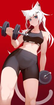 1girl absurdres animal_ear_fluff animal_ears bike_shorts black_shorts black_sports_bra blue_eyes bow breasts cat_ears cat_girl cat_tail clothes_writing collarbone colored_inner_hair commentary dumbbell english_commentary exercising hair_ornament highres looking_at_viewer multicolored_hair navel original peesh_san red_bow red_hair shorts simple_background solo sports_bra tail two-tone_hair weightlifting white_hair x_hair_ornament