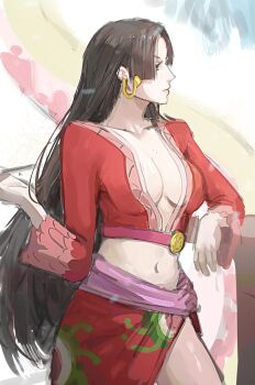 1girl absurdres black_hair boa_hancock breasts cleavage closed_mouth cowboy_shot crop_top earrings highres jewelry kuja_pirates_jolly_roger long_hair long_sleeves mon_(icebuko) navel one_piece pink_sash salome_(one_piece) sash side_slit sidelocks snake snake_earrings