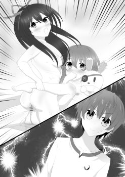 1boy 2girls ass bar_censor blush breasts censored covering_own_mouth date_a_live emphasis_lines greyscale hair_ribbon himekawa_yoshino itsuka_shido long_hair monochrome motion_lines multiple_girls nipples nude open_mouth penis puppet pussy_juice rayos ribbon speed_lines sweat tribadism walk-in yatogami_tohka yuri