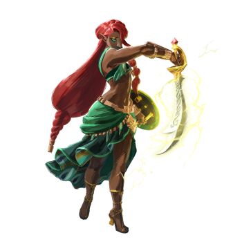 1girl ardi_(zelda) bare_shoulders blue_lips braid dark-skinned_female dark_skin full_body gerudo green_eyes highres holding holding_shield hyrule_warriors:_age_of_imprisonment jewelry lipstick long_hair low-braided_long_hair low-tied_long_hair makeup muscular nintendo official_art pointy_ears red_hair scimitar shield simple_background sword the_legend_of_zelda the_legend_of_zelda:_tears_of_the_kingdom transparent_background very_dark_skin very_long_hair weapon