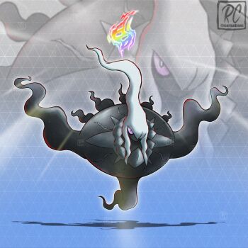 colored_sclera commentary darkrai english_commentary floating gen_4_pokemon ghost highres legendary_pokemon mega_darkrai mega_evolution_symbol mega_pokemon mythical_pokemon nintendo pokemon pokemon_(creature) pokemon_focus purple_sclera rcortezdraws smoke spoilers whisp white_hair zoom_layer