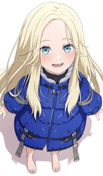 1girl :d absurdres aqua_eyes barefoot blonde_hair blue_coat blurry coat commentary_request depth_of_field diana_(pragmata) drawstring from_above full_body highres long_hair long_sleeves looking_at_viewer na-suke open_mouth padded_coat pragmata shadow smile solo standing teeth white_background