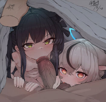 1boy 2girls absurdres anger_vein animal_ears black_hair blanket blue_archive blush breasts brown_eyes completely_nude cooperative_fellatio decensored disembodied_hand fellatio ffm_threesome green_eyes grey_hair group_sex hair_ornament hair_ribbon hetero highres holding holding_blanket kokona_(blue_archive) loli long_hair looking_at_viewer multicolored_hair multiple_girls nipples nude oral penis pov ribbon shimaidon_(sex) shun_(blue_archive) shun_(small)_(blue_archive) siblings signature sisters small_breasts streaked_hair sweatdrop teamwork_(sexual) testicle_sucking third-party_edit threesome uncensored under_covers veins veiny_penis xia6230713