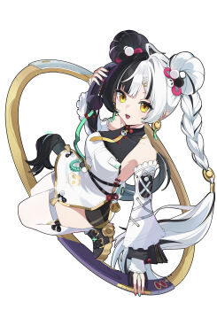 1girl absurdres ahoge animal_print aqua_nails bare_shoulders bear_print black_hair black_shoes braid braided_twintails breasts chakram china_dress chinese_clothes commentary_request corded_phone detached_sleeves dialyn_(zenless_zone_zero) dress full_body hair_extensions hair_intakes hair_ornament hairclip hei_yubai_yuan highres holding holding_phone id_card long_hair looking_at_viewer medium_breasts multicolored_hair multicolored_nails necktie open_mouth panda_hair_ornament panda_print phone red_nails ring_hair_extensions shoes simple_background solo split-color_hair thighhighs weapon white_background white_dress white_hair white_thighhighs yellow_eyes yellow_necktie zenless_zone_zero