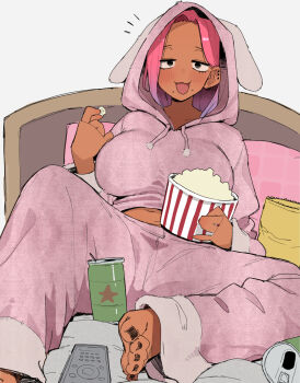 1girl :d barefoot black_eyes blush breasts can commentary controller dark-skinned_female dark_skin english_commentary food food_on_face gradient_hair grey_background highres large_breasts looking_at_viewer midriff multicolored_hair navel ohasi open_mouth original pajamas pink_hair pink_pajamas popcorn purple_hair remote_control simple_background smile solo toes