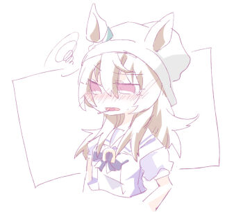 1girl beanie beer_hsk blush bow brown_hair candy commentary_request cropped_torso ears_through_headwear food food_in_mouth grey_hat hair_between_eyes hat lollipop long_hair nakayama_festa_(umamusume) nose_blush parted_lips puffy_short_sleeves puffy_sleeves purple_bow purple_eyes purple_shirt school_uniform shirt short_sleeves solo squiggle tracen_school_uniform umamusume upper_body white_background