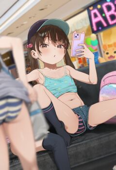 3girls :o armpits ass backpack bag baseball_cap blue_shirt blurry blurry_background blurry_foreground blush brown_eyes brown_hair camisole cellphone commentary_request couch denim denim_shorts depth_of_field dutch_angle flat_chest hair_bobbles hair_ornament hans.b hat holding holding_phone indoors legs_apart loli looking_at_viewer mall melonbooks multiple_girls navel on_couch panties phone print_shirt revealing_clothes shirt shop shorts sitting smartphone socks solo_focus striped_clothes striped_panties twintails underwear upshorts