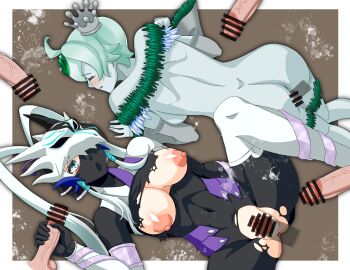 2girls absurdres anus ass black_bodysuit blush bodysuit breasts breasts_out censored closed_eyes covered_eyes female_focus foreskin handjob helmet helmet_over_eyes highres icejade_aegirine icejade_gymir_aegirine jadec large_breasts long_hair lying mask mask_on_head mask_over_one_eye monster_girl mouth_mask multiple_girls navel nipples open_mouth penis puffy_nipples rape see-through_clothes see-through_mask sidelocks swordsoul_(yu-gi-oh!) swordsoul_of_mo_ye torn_bodysuit torn_clothes twintails veins veiny_penis white_hair yu-gi-oh!
