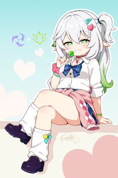 1girl absurdres alternate_costume black_bra black_shoes blue_bow blue_bowtie blue_skirt bow bowtie bra breasts candy cardigan cardigan_around_waist chinese_commentary choker cleavage clothes_around_waist collared_shirt colored_tips commentary_request crossed_legs food full_body genshin_impact gradient_hair green_eyes green_hair grey_hair grin gyaru hair_ornament hairclip heart heart_hair_ornament highres holding holding_candy holding_food holding_lollipop kogal langbazi lollipop long_hair looking_at_viewer loose_socks miniskirt multicolored_hair nahida_(genshin_impact) one_side_up parted_lips pink_cardigan pink_scrunchie plaid_bow plaid_bowtie plaid_clothes pointy_ears red_choker school_uniform scrunchie shirt shoes sitting skirt small_breasts smile socks solo streaked_hair underwear white_shirt white_socks wrist_scrunchie