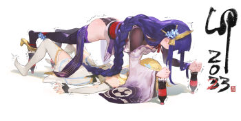 2023 2girls all_fours ass balancing black_panties black_thighhighs blonde_hair blush bottle braid chinese_zodiac couple daible ear_blush faceless flower full_body genshin_impact girl_on_top hair_flower hair_ornament happy_new_year highres japanese_clothes long_braid long_hair long_sleeves looking_at_another looking_down low-braided_long_hair low-tied_long_hair lumine_(genshin_impact) lying multiple_girls new_year panties purple_hair raiden_shogun shadow simple_background single_braid soda soda_bottle thighhighs trembling underwear what white_background white_thighhighs year_of_the_rabbit yuri