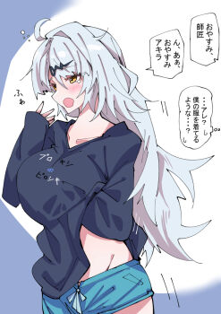 1girl ahoge alternate_costume black_shirt blue_background blue_shorts breasts collarbone commentary_request hair_between_eyes hair_ornament hairpin hand_under_clothes hand_up large_breasts long_hair motion_lines nodachi_(nodati51) open_mouth shirt shorts single_hair_intake sleeves_past_wrists solo speech_bubble squeans tears translation_request two-tone_background upper_body white_background white_hair yawning yellow_eyes yixuan_(zenless_zone_zero) zenless_zone_zero