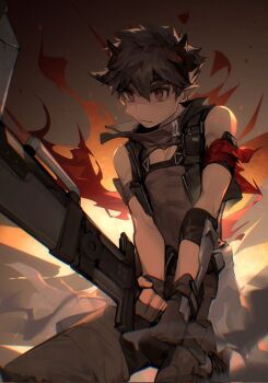 Rule 34 | 1boy, arknights, arm belt, armband, black gloves, black hair, black headband, black pants, black tank top, black vest, covered abs, cowboy shot, dark-skinned male, dark skin, demon boy, demon horns, ear piercing, fiery background, fighting stance, fingerless gloves, fire, gauntlets, gloves, headband, highres, holding, holding weapon, horns, male focus, odda (arknights), open clothes, open vest, pants, piercing, pointy ears, red armband, red eyes, serious, shaded face, sleeveless, sleeveless vest, tank top, toned, toned male, vest, weapon