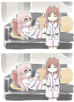 2girls bang_dream! bang_dream!_it&#039;s_mygo!!!!! book brown_hair chihaya_anon closed_eyes commentary couch dress glasses grey_eyes highres holding holding_book hood hood_down hooded_jacket indoors jacket long_hair long_sleeves lying lyy multiple_girls nagasaki_soyo on_back on_couch one_eye_closed pajamas pillow pink_hair shorts standing symbol-only_commentary white_dress white_jacket white_shorts