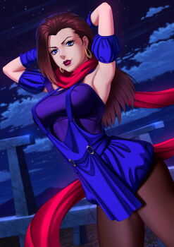 1girl absurdres armpits arms_behind_head asymmetrical_hair battle_tendency blue_eyes breasts brown_hair covered_erect_nipples earrings female_focus highres jewelry jojo_no_kimyou_na_bouken legendarysoulii leggings lips lisa_lisa long_hair long_scarf looking_at_viewer medium_breasts night night_sky outdoors red_scarf scarf sky solo
