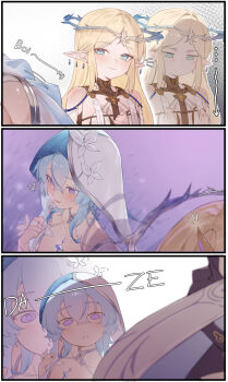 2girls bare_shoulders black_collar blue_eyes blue_hair blue_veil blush breast_envy breasts cartethyia_(wuthering_waves) closed_mouth collar commentary crown_of_thorns earrings english_commentary fleurdelys_(wuthering_waves) hair_between_eyes highres horns huge_breasts jewelry light_blush loading_icon long_hair looking_ahead looking_at_breasts looking_down looking_up multiple_earrings multiple_girls necklace open_mouth out_of_frame parted_bangs pointy_ears purple_eyes shorekeeper_(wuthering_waves) sidelocks single_horn smile tacet_mark_(wuthering_waves) transformation two-tone_veil veil white_veil wuthering_waves xaea_xp yellow_horns