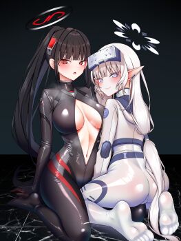 2girls absurdres ass black_background black_bodysuit black_hair black_halo blue_archive blunt_bangs blush bodysuit breasts bright_pupils cleavage closed_mouth commentary_request earclip full_body hair_ornament halo head-mounted_display highres himari_(armed)_(blue_archive) himari_(blue_archive) hood hood_down hooded_jacket impossible_bodysuit impossible_clothes jacket large_breasts latex latex_bodysuit long_hair looking_at_viewer low-tied_long_hair mole mole_under_eye multicolored_halo multiple_girls navel official_alternate_costume official_alternate_hairstyle open_bodysuit open_clothes open_mouth partially_unzipped pointy_ears ponytail purple_eyes red_eyes ringed_eyes rio_(armed)_(blue_archive) rio_(blue_archive) sidelocks simple_background sitting skin_tight smile soles sweat two-tone_halo very_long_hair wariza white_bodysuit white_hair white_halo white_jacket white_pupils yabanashi_inaba