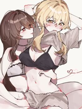 2girls arms_behind_head black_bra black_nails blonde_hair blush bra brown_hair brown_shorts clothes_in_mouth commentary flower-shaped_pupils genshin_impact grey_bra hair_between_eyes hand_under_clothes hand_under_shorts hu_tao_(genshin_impact) long_hair looking_at_another lumine_(genshin_impact) mouth_hold multiple_girls navel red_eyes shirt_in_mouth short_hair_with_long_locks shorts smile stomach symbol-shaped_pupils underwear yunoji_(onigiri_yumi09) yuri