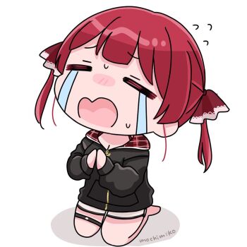 1girl anchor barefoot black_jacket blush_stickers breasts chibi cleavage closed_eyes commentary_request crying facing_viewer flying_sweatdrops full_body hair_ribbon hololive hood hood_down hooded_jacket houshou_marine houshou_marine_(summer) jacket kneeling long_sleeves medium_breasts mochimiko open_mouth own_hands_together puffy_long_sleeves puffy_sleeves red_hair red_ribbon ribbon shadow shorts signature simple_background solo streaming_tears sweat tears twintails virtual_youtuber wavy_mouth white_background white_shorts