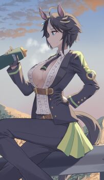 1girl ahoge animal_ears belt black_gloves black_hair black_jacket black_necktie black_pants blue_eyes bottle breasts breath brown_belt center_frills center_opening collared_shirt ear_ornament ear_piercing frilled_shirt frills fuji_kiseki_(shooting_star_revue)_(umamusume) fuji_kiseki_(umamusume) gloves hair_between_eyes highres holding holding_bottle horse_ears horse_girl horse_tail jacket large_breasts long_sleeves multicolored_hair necktie no_bra outdoors pants piercing profnote shirt short_hair sitting sky solo sports_bottle sweat tail umamusume water_bottle white_hair white_shirt