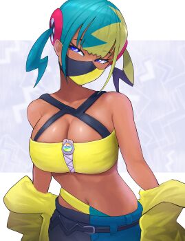 1girl absurdres blonde_hair blue_eyes blue_hair breasts canari_(pokemon) character_hair_ornament cleavage crop_top dark-skinned_female dark_skin hair_ornament highres jacket large_breasts mask midriff mouth_mask multicolored_hair multicolored_pants navel nintendo off_shoulder pants pokemon pokemon_legends:_z-a revision solo split-color_clothes split-color_hair twintails two-tone_hair two-tone_mask two-tone_pants yellow_jacket yodokogon