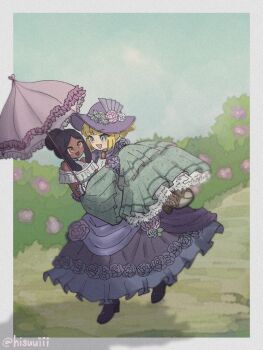 Rule 34 | 2girls, :3, amaryllis (dr. stone), artist name, black hair, blonde hair, blue eyes, blush, carrying, commentary, dark-skinned female, dark skin, dr. stone, dreadlocks, dress, dress flower, english commentary, flower, green dress, hair bun, hat, hat flower, high heels, hisuuiii, holding, holding umbrella, implied yuri, interracial, kohaku (dr. stone), multiple girls, off-shoulder dress, off shoulder, open mouth, outdoors, parasol, princess carry, purple dress, rose, sidelocks, smile, twitter username, umbrella, yellow eyes, yuri