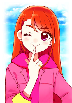 Rule 34 | 1girl, asymmetrical bangs, blue sky, brown hair, closed mouth, cloud, cloudy sky, commentary, day, earrings, highres, hijiri ageha, hirogaru sky! precure, hood, hood down, hoodie, jacket, jewelry, kyanos (b 0000ff), long hair, long sleeves, looking at viewer, one eye closed, outdoors, pink hoodie, pink jacket, precure, purple eyes, ring, sky, smile, solo, stud earrings, upper body