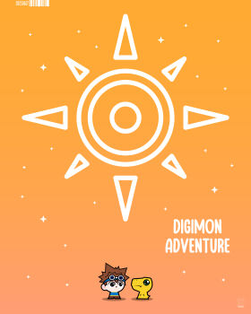 Rule 34 | 1boy, absurdres, agumon, anbeauty0902, blue shirt, brown hair, chibi, chibi only, closed mouth, commentary request, copyright name, digimon, digimon (creature), digimon adventure, full body, goggles, goggles on head, highres, korean commentary, male focus, orange background, shirt, short hair, sun, yagami taichi