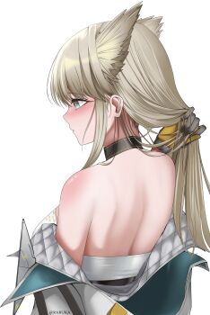 Rule 34 | 1girl, absurdres, arknights, arknights: endfield, bare back, bare shoulders, black gloves, blonde hair, blue eyes, blush, closed mouth, commentary, embarrassed, gloves, highres, holding, holding own hair, jacket, long hair, off shoulder, perlica (arknights), profile, raruca, simple background, solo, upper body, white background, white jacket, yellow gloves, yellow pupils
